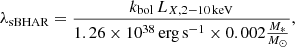 $$ \begin{aligned} \lambda _{\rm sBHAR}=\frac{k_{\rm bol}\,L_{X,2{-}10\,\mathrm{keV}}}{1.26\times 10^{38}\,\mathrm{erg\,s}^{-1}\times 0.002\frac{M_{*}}{M_\odot }}, \end{aligned} $$