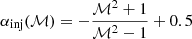$$ \begin{aligned} \alpha _{\rm inj}(\mathcal{M} ) = -\frac{{\mathcal{M} }^2+ 1}{{\mathcal{M} }^2 - 1} + 0.5 \end{aligned} $$