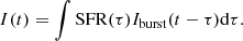 $$ \begin{aligned} I(t) = \int \mathrm{SFR} (\tau ) I_{\rm burst}(t-\tau ) \mathrm{d}{\tau }. \end{aligned} $$