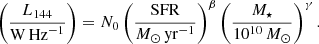 $$ \begin{aligned} \left(\frac{{L_{144}}}{{\mathrm{W}}\,\mathrm{Hz}^{-1}}\right) = N_0 \left(\frac{{\mathrm{SFR} }}{{M}_\odot \,\mathrm{yr}^{-1}}\right)^\beta \left(\frac{M_\star }{10^{10}\,{M_\odot }}\right)^\gamma . \end{aligned} $$