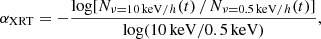 $$ \begin{aligned} \alpha _{\rm XRT} = -\frac{\log [N_{\nu = 10\, \mathrm{keV}/h}(t) \, /\, N_{\nu = 0.5\, \mathrm{keV}/h}(t)]}{\log (10 \, \mathrm{keV}/0.5 \, \mathrm{keV})}, \end{aligned} $$