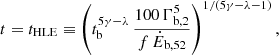 $$ \begin{aligned} t = t_{\rm HLE} \equiv \left( t_{\rm b}^{5\gamma - \lambda } \, \frac{100 \, \Gamma _{\mathrm{b},2}^5}{f \, {\dot{E}}_{\mathrm{b},52}} \right)^{1/(5\gamma - \lambda - 1)}, \end{aligned} $$