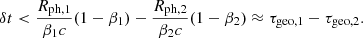 $$ \begin{aligned} \delta t < \frac{R_{\mathrm{ph}, 1}}{\beta _1 c}(1-\beta _1) - \frac{R_{\mathrm{ph}, 2}}{\beta _2 c}(1-\beta _2) \approx \tau _{\mathrm{geo},1} - \tau _{\mathrm{geo},2}. \end{aligned} $$