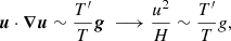 $$ \begin{aligned} \boldsymbol{u} \cdot \boldsymbol{\nabla }\boldsymbol{u} \sim \frac{T^\prime }{T}\boldsymbol{g}\ \longrightarrow \frac{u^2}{H} \sim \frac{T^\prime }{T} g, \end{aligned} $$