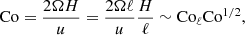 $$ \begin{aligned} \mathrm{Co} = \frac{2\Omega H}{u} = \frac{2\Omega \ell }{u} \frac{H}{\ell } \sim \mathrm{Co}_\ell \mathrm{Co}^{1/2}, \end{aligned} $$