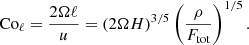 $$ \begin{aligned} \mathrm{Co}_\ell = \frac{2\Omega \ell }{u} = (2\Omega H)^{3/5} \left(\frac{\rho }{F_{\rm tot}}\right)^{1/5}. \end{aligned} $$