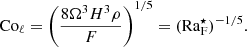 $$ \begin{aligned} \mathrm{Co}_\ell = \left(\frac{8\Omega ^3 H^3 \rho }{F} \right)^{1/5} = (\mathrm{Ra}_{\rm F}^\star )^{-1/5}. \end{aligned} $$
