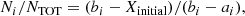 $$ \begin{aligned} N_i/N_{\rm TOT}&=(b_i-X_{\rm initial})/(b_i-a_i), \end{aligned} $$
