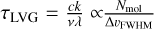 ${\tau _{{\rm{LVG}}}} = {{ck} \over {v\lambda }} \propto {{{N_{{\rm{mol}}}}} \over {{\rm{\Delta }}{\upsilon _{{\rm{FWHM}}}}}}$
