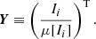 $$ \begin{aligned} \boldsymbol{Y} \equiv \left(\frac{I_i}{\mu [I_i]} \right)^\mathrm{T}. \end{aligned} $$