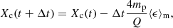 $$ \begin{aligned} X_{\rm c}(t+\Delta t) = X_{\rm c}(t) - \Delta t \frac{4 m_{\rm p}}{Q}\langle \epsilon \rangle _{\rm m}, \end{aligned} $$