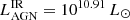 $ L_{\mathrm{AGN}}^{\mathrm{IR}}=10^{10.91}\,L_{\odot} $
