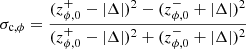 $$ \begin{aligned} \sigma _{\rm c,\phi }&= \frac{({z}^+_{\phi ,0} - |\Delta |)^2 - ({z}^-_{\phi ,0} + |\Delta |)^2}{({z}^+_{\phi ,0} - |\Delta |)^2 + ({z}^-_{\phi ,0} + |\Delta |)^2}\end{aligned} $$