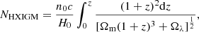 $$ \begin{aligned} N_{\rm HXIGM} = \frac{n_{0}c}{H_{0}}\int _{0}^{z}\frac{(1+z)^{2}\mathrm{d}z}{[\Omega _{\rm m}(1+z)^{3}+\Omega _{\lambda }]^{\frac{1}{2}}}, \end{aligned} $$