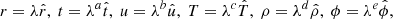 $$ \begin{aligned} r = \lambda \hat{r}, ~ t = \lambda ^a \hat{t}, ~ u = \lambda ^b \hat{u}, ~ T = \lambda ^c \hat{T}, ~ \rho = \lambda ^d \hat{\rho }, ~ \phi = \lambda ^e \hat{\phi }, \end{aligned} $$