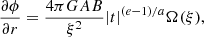 $$ \begin{aligned}&{\partial \phi \over \partial r} = {4\pi GAB \over \xi ^2} |t|^{(e-1)/a} \Omega (\xi ),\end{aligned} $$