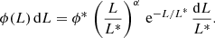 $$ \begin{aligned} \phi (L) \, \mathrm{d} L = \phi ^* \, \left( \frac{L}{L^*}\right) ^{\alpha } \, \mathrm{e} ^{-L/L^*} \, \frac{{\mathrm{d} }L}{L^*}. \end{aligned} $$