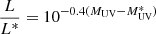 $ \frac{L}{L^*} = 10^{-0.4(M_{\mathrm{UV}}-M_{\mathrm{UV}}^*)} $