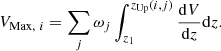 $$ \begin{aligned} V_{\mathrm{Max},\ i} = \sum _j \omega _j \int _{z_1}^{z_{\rm Up}(i,j)} \frac{{\mathrm{d} }V}{{\mathrm{d} }z} {\mathrm{d} }z. \end{aligned} $$