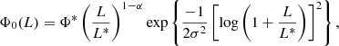 $$ \begin{aligned} \Phi _0(L) = \Phi ^* \left(\frac{L}{L^*}\right)^{1-\alpha } \exp \left\{ \frac{-1}{2\sigma ^2} \left[\log \left(1 + \frac{L}{L^*}\right)\right]^2\right\} , \end{aligned} $$