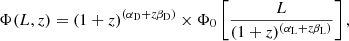 $$ \begin{aligned} \Phi (L,z) = (1+z)^{(\alpha _{\rm D} + z \beta _{\rm D})} \times \Phi _0 \left[\frac{L}{(1+z)^{(\alpha _{\rm L} + z \beta _{\rm L})}}\right], \end{aligned} $$