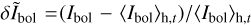 $\delta {\tilde I_{{\rm{bol}}}} = \left( {{I_{{\rm{bol}}}} - {{\left\langle {{I_{{\rm{bol}}}}} \right\rangle }_{{\rm{h}},t}}} \right)/{\left\langle {{I_{{\rm{bol}}}}} \right\rangle _{{\rm{h}},t}}$