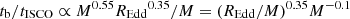 $ t_{\mathrm{b}}/t_{\mathrm{ISCO}}\propto M^{0.55}{R_{\mathrm{Edd}}}^{0.35}/M = (R_{\mathrm{Edd}}/M)^{0.35} M^{-0.1} $
