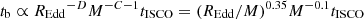 $ t_{\mathrm{b}}\propto {R_{\mathrm{Edd}}}^{-D}M^{-C-1}t_{\mathrm{ISCO}}=(R_{\mathrm{Edd}}/M)^{0.35} M^{-0.1} t_{\mathrm{ISCO}} $