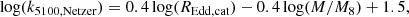 $$ \begin{aligned} \log (k_{5100, \mathrm{Netzer}})=0.4 \log (R_{\rm Edd,cat})-0.4\log (M/M_8)+1.5, \end{aligned} $$