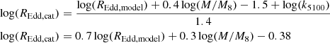 $$ \begin{aligned} \log (R_{\rm Edd,cat})&= \frac{\log (R_{\rm Edd,model})+0.4 \log (M/M_8)-1.5+\log (k_{5100})}{1.4}\\ \log (R_{\rm Edd,cat})&= 0.7\log (R_{\rm Edd,model})+0.3\log (M/M_8)-0.38 \end{aligned} $$