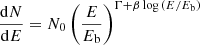 $$ \begin{aligned} \frac{\mathrm{d}N}{\mathrm{d}E} = N_0 \left( \frac{E}{E_{\rm b}}\right)^{\Gamma + \beta \log {(E/E_{\rm b})}} \end{aligned} $$