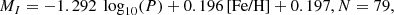 $$ \begin{aligned}&M_{I} = -1.292\,\text{ log}_{10}(P) + 0.196\,\text{[Fe/H]} + 0.197 , N = 79,\end{aligned} $$