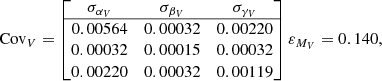$$ \begin{aligned}&\text{ Cov}_{V} = \begin{bmatrix} \sigma _{\alpha _{V}}&\sigma _{\beta _{V}}&\sigma _{\gamma _{V}} \\ \hline 0.00564&0.00032&0.00220 \\ 0.00032&0.00015&0.00032 \\ 0.00220&0.00032&0.00119 \\ \end{bmatrix} \varepsilon _{M_{V}} = 0.140 , \end{aligned} $$