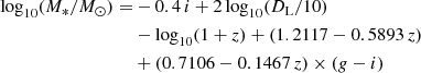$$ \begin{aligned} {\log _{10}}(M_*/M_\odot ) =&-0.4\,i + 2\,{\log _{10}}(D_{\rm L}/10)\nonumber \\&- {\log _{10}}(1+z) + (1.2117-0.5893\,z)\nonumber \\&+ (0.7106-0.1467\,z) \times (g-i) \end{aligned} $$