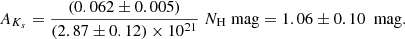 $$ \begin{aligned} A_{K_s}=\frac{(0.062\pm 0.005)}{ (2.87\pm 0.12) \times 10^{21} } \; N_{\rm H} \; \mathrm{mag} = 1.06 \pm 0.10\ \text{ mag}. \end{aligned} $$