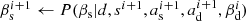 $$ \begin{aligned} \beta _{\mathrm{s} }^{i+1}&\leftarrow P(\beta _{\mathrm{s} }|d, s^{i+1}, a_{\mathrm{s} }^{i+1}, a_{\mathrm{d} }^{i+1}, \beta _{\mathrm{d} }^{i})\end{aligned} $$