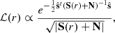 $$ \begin{aligned} \mathcal{L} (r) \propto \frac{e^{-\frac{1}{2} \hat{\mathbf{s }}^t \left(\mathbf S (r) + \mathbf N \right)^{-1}\hat{\mathbf{s }}}}{\sqrt{|\mathbf S (r) + \mathbf N |}}, \end{aligned} $$