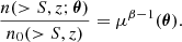 $$ \begin{aligned} \frac{n(>S,z;\boldsymbol{\theta })}{n_0(>S,z)}=\mu ^{\beta -1}(\boldsymbol{\theta }). \end{aligned} $$