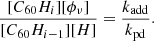 $$ \begin{aligned} \frac{[C_{60}H_i][\phi _\nu ]}{[C_{60}H_{i-1}][H]} = \frac{k_{\rm add}}{k_{\rm pd}}. \end{aligned} $$