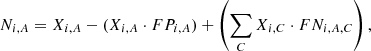 $$ \begin{aligned} N_{i,A}&= X_{i,A} - (X_{i,A} \cdot FP_{i,A}) + \left(\sum _C X_{i,C} \cdot FN_{i,A,C}\right),\end{aligned} $$