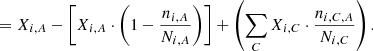$$ \begin{aligned}&= X_{i,A} - \left[ X_{i,A} \cdot \left( 1- \frac{n_{i,A}}{N_{i,A}}\right)\right] + \left( \sum _C X_{i,C} \cdot \frac{n_{i,C,A}}{N_{i,C}}\right). \end{aligned} $$