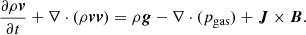 $$ \begin{aligned} \frac{\partial \rho \boldsymbol{v}}{\partial t} + \nabla \cdot (\rho \boldsymbol{v} \boldsymbol{v})= \rho \boldsymbol{g} - \nabla \cdot (p_{\rm gas}) + \boldsymbol{J} \times \boldsymbol{B}. \end{aligned} $$