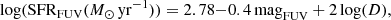 $$ \begin{aligned} \log (\mathrm{SFR}_{\rm FUV}(M_{\odot }\,\mathrm{yr}^{-1})) = 2.78{-}0.4\,\mathrm{mag}_{\rm FUV}+2\log (D), \end{aligned} $$
