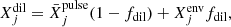 $$ \begin{aligned} X^\mathrm{dil}_j = \bar{X}^\mathrm{pulse}_j (1-f_{\rm dil}) + {X}^\mathrm{env}_j f_{\rm dil}, \end{aligned} $$