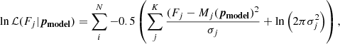 $$ \begin{aligned} \ln \mathcal{L} (F_j | \boldsymbol{p_{\rm model}} ) = \sum _i^N -0.5 \left( \sum _j^K \frac{(F_j - M_j(\boldsymbol{p_{\rm model}})^2}{\sigma _j} + \ln \left( 2 \pi \sigma _j^2 \right) \right), \end{aligned} $$