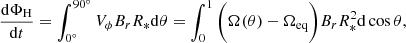 $$ \begin{aligned} \frac{\mathrm{d}\Phi _{\rm H}}{\mathrm{d} t} = \int _{0^{\circ }}^{90^{\circ }} V_{\phi }B_{r} R_{*}\mathrm{d}\theta = \int _{0}^{1} \bigg (\Omega (\theta )-\Omega _{\rm eq}\bigg ) B_{r} R_{*}^2 \mathrm{d}\cos \theta , \end{aligned} $$