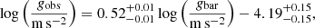 $$ \begin{aligned} \log \left(\frac{{g}_{\rm obs}}{\mathrm{m\,s}^{-2}}\right)=0.52^{+0.01}_{-0.01}\log \left(\frac{{g}_{\rm bar}}{\mathrm{m\,s}^{-2}}\right)-4.19^{+0.15}_{-0.15}, \end{aligned} $$