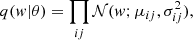 $$ \begin{aligned} q({ w}|\theta )=\prod _{ij} {\mathcal{N} }({ w};\mu _{ij},\sigma ^2_{ij}), \end{aligned} $$