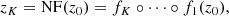 $$ \begin{aligned}&z_K=\mathrm{NF}(z_0)=f_K \circ \cdots\circ f_1(z_0), \end{aligned} $$