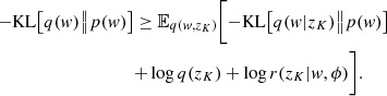 $$ \begin{aligned} -\mathrm{KL}\big [q({ w})\big \Vert p({ w})\big ]&\ge {\mathbb{E} }_{q({ w},z_K)}\biggl [-\mathrm{KL}\big [q({ w}|z_K)\big \Vert p({ w})\big ]\biggr .\nonumber \\&\biggl . +\log q(z_K)+\log r(z_K|{ w},\phi )\biggr ]. \end{aligned} $$
